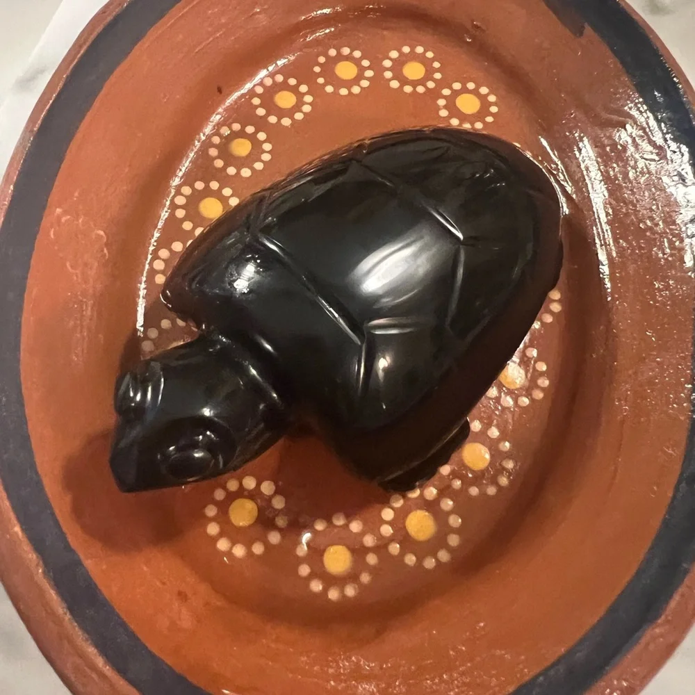 Natural Hand Carved Obsidian Black Turtle Figurine Minimalist Chic